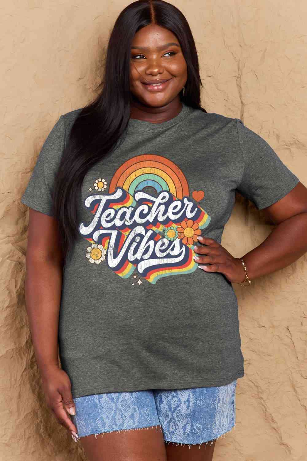 Simply Love Full Size TEACHER VIBES Graphic Cotton T-Shirt Charcoal