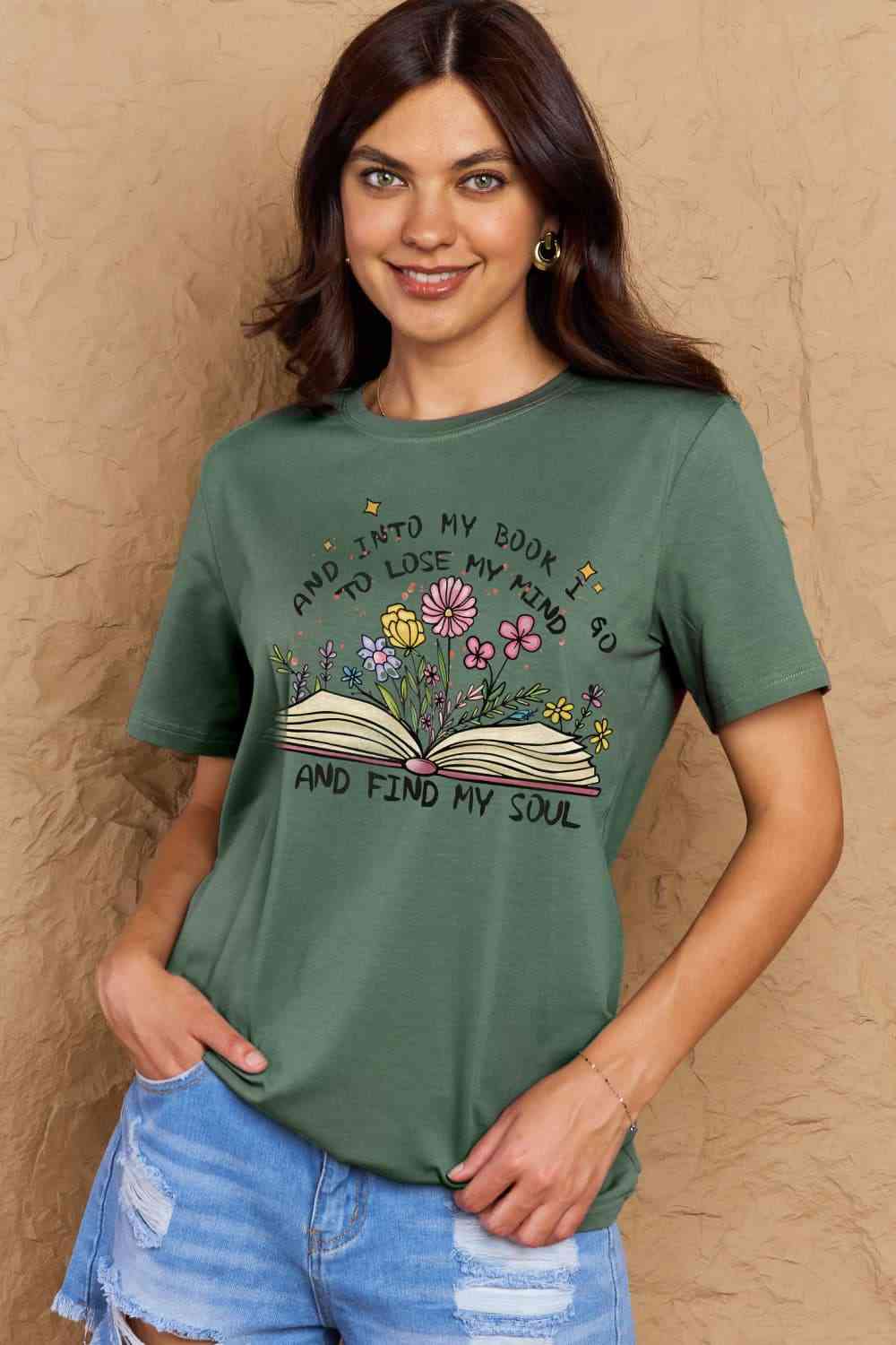 Simply Love Full Size Book & Flower Graphic Cotton Tee Green