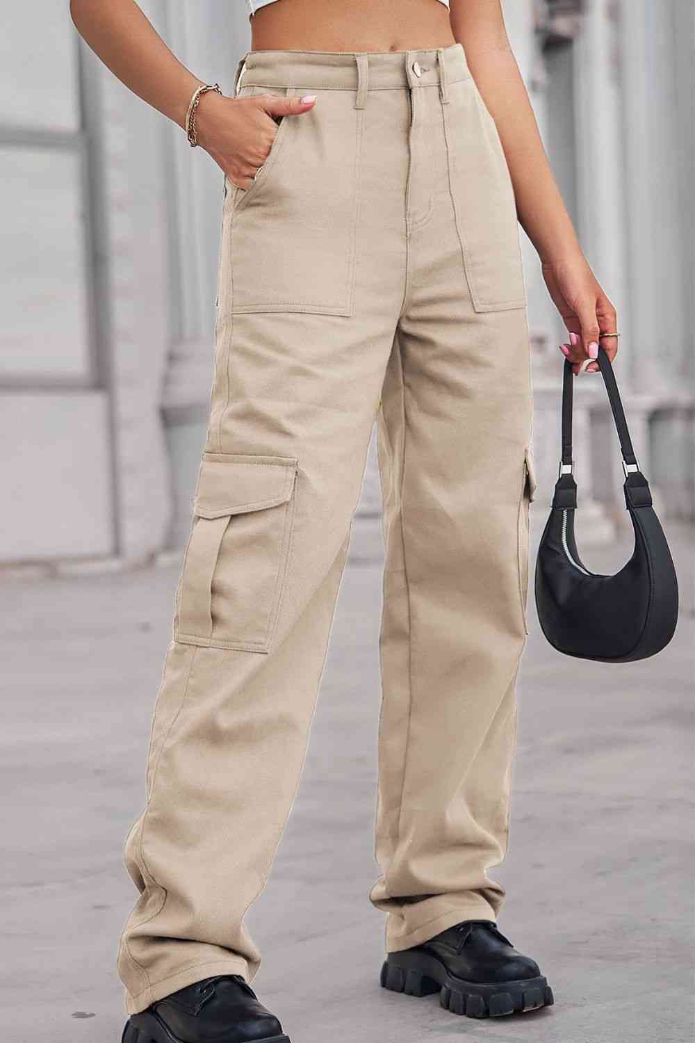 Baeful Long Straight Leg Jeans with Pockets Sand