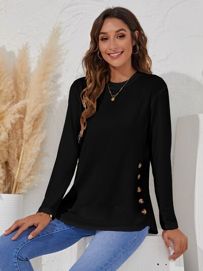 Decorative Button Round Neck Long Sleeve T-Shirt Black