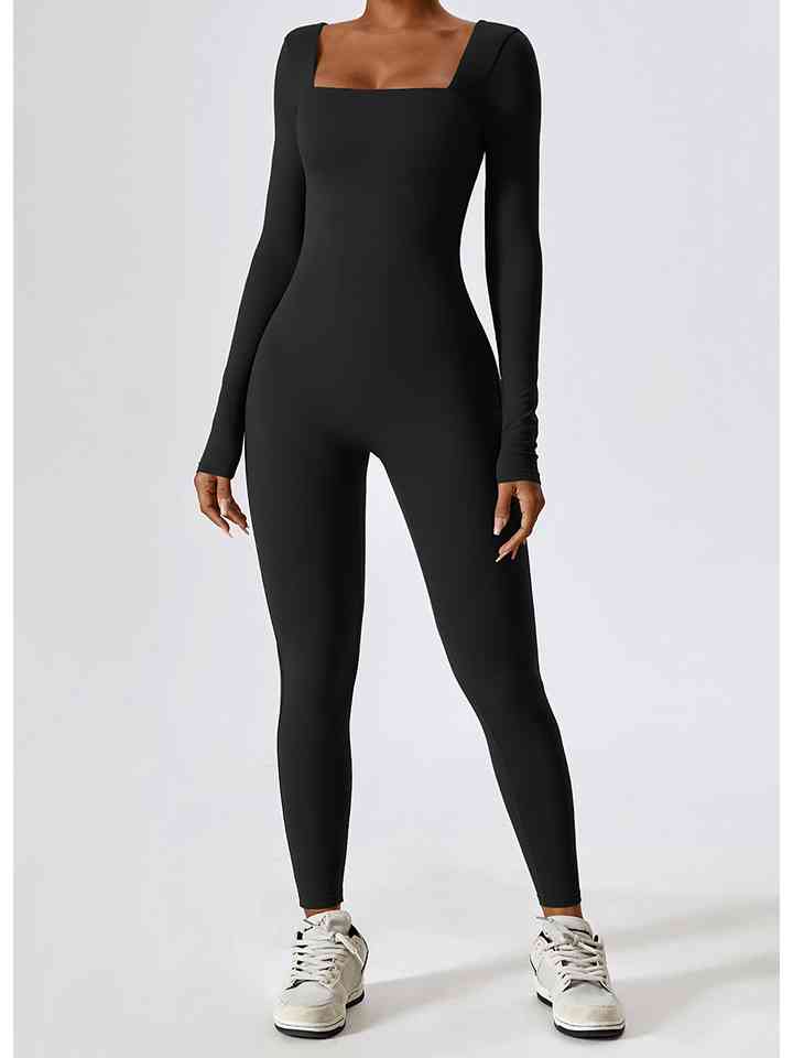 Square Neck Long Sleeve Sports Jumpsuit Black