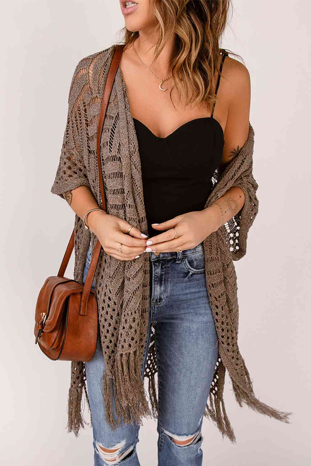 Fringe Hem Slit Open Front Cardigan Mocha One Size