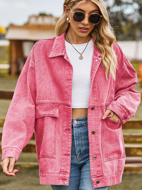 Collared Neck Button Up Denim Jacket Hot Pink