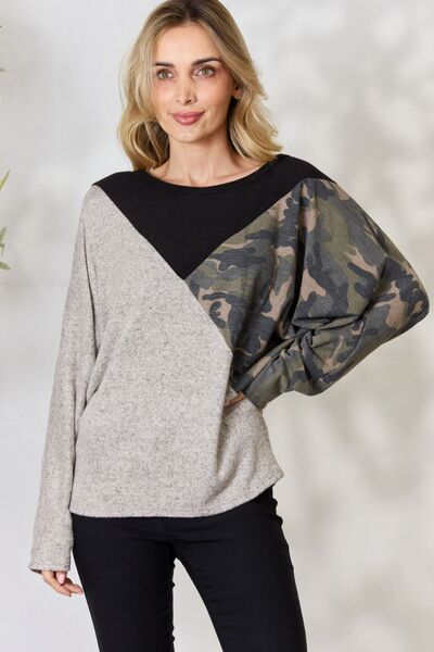 BiBi Brushed Hacci Color Block Long Sleeve Top Taupe