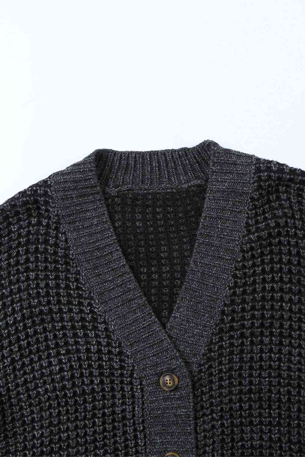 Woven Right Waffle-Knit Drop Shoulder Button-Down Cardigan