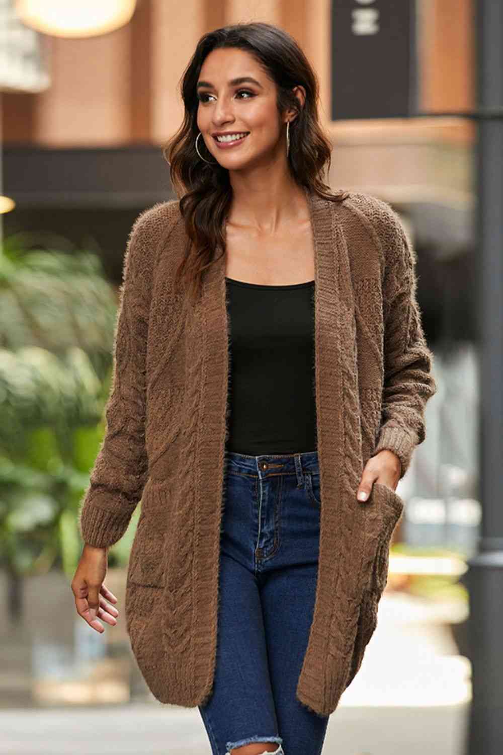 Mixed Knit Open Front Longline Cardigan Chestnut