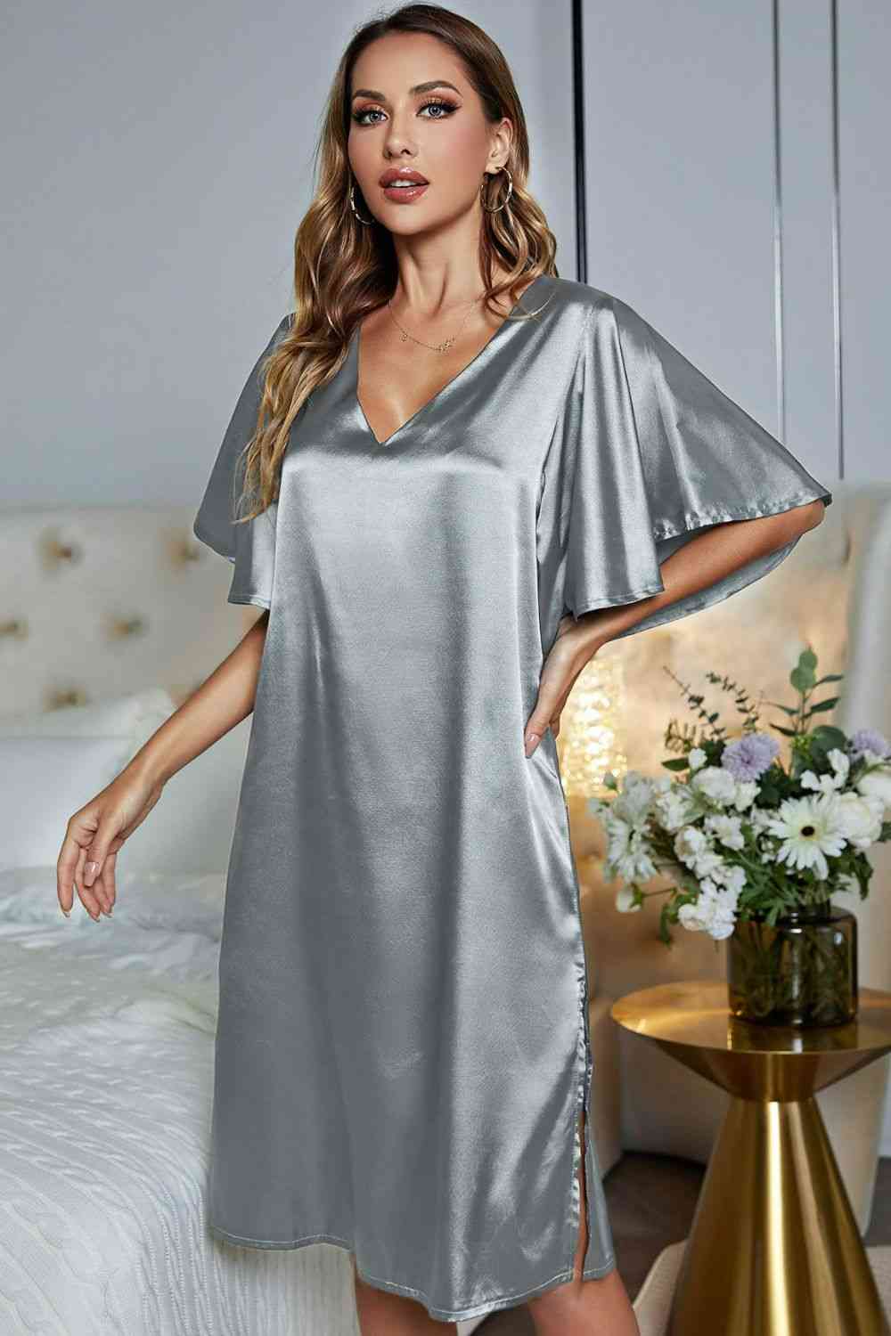 Satin Flutter Sleeve Side Slit V-Neck Night Dress Silver