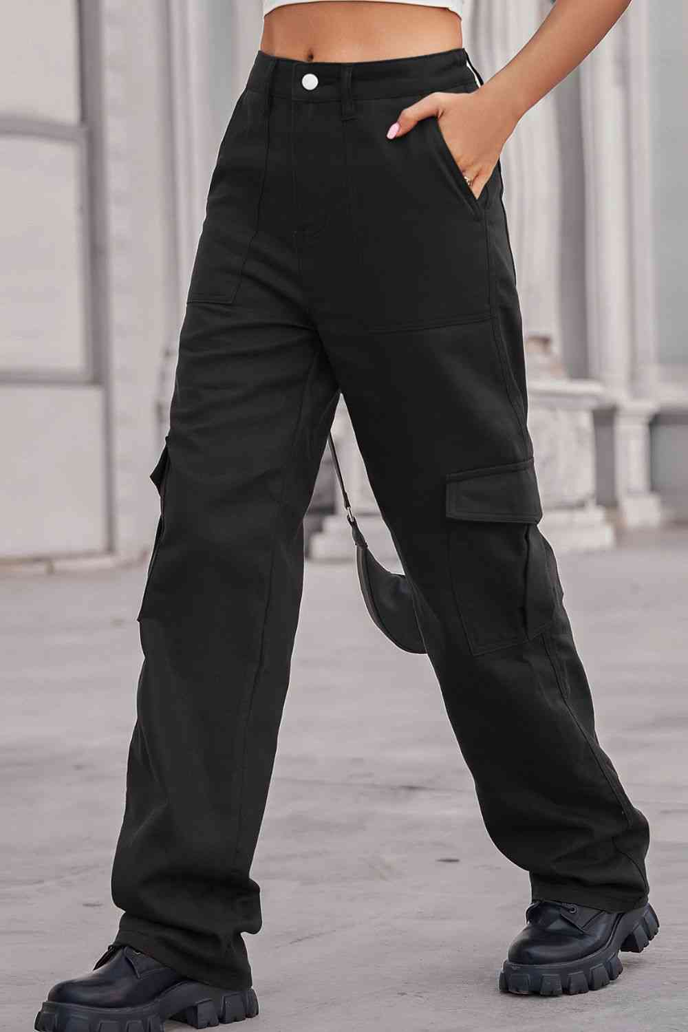 Baeful Long Straight Leg Jeans with Pockets Black