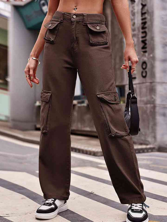 Straight Leg Cargo Jeans Coffee Brown