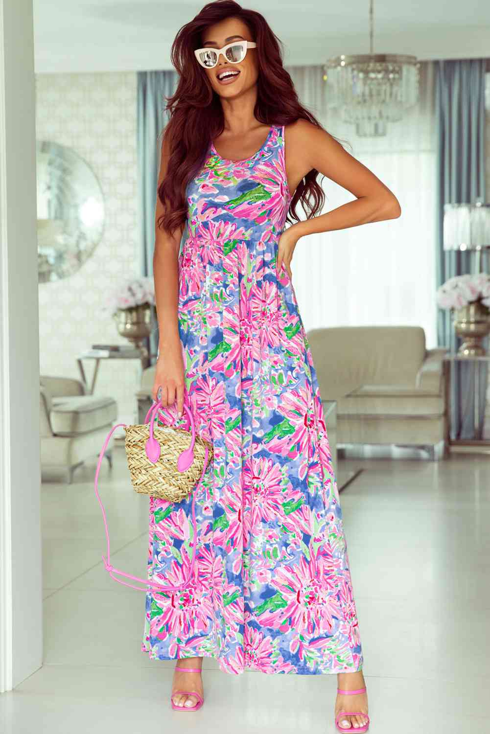 Floral Round Neck Sleeveless Dress Multicolor