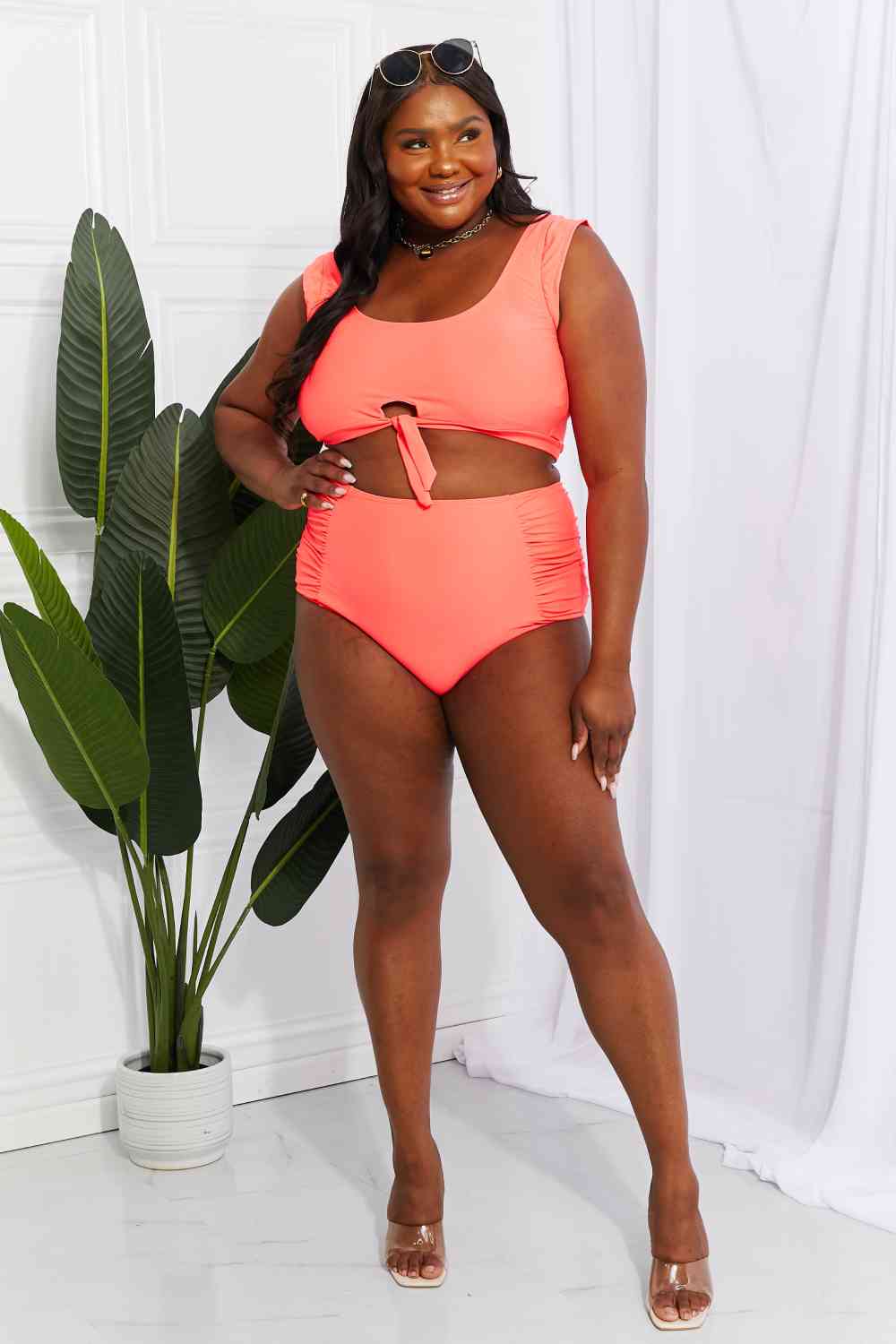 Marina West Swim Sanibel Crop Swim Top and Ruched Bottoms Set in Coral