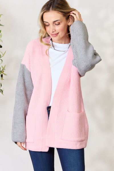 BiBi Contrast Open Front Cardigan with Pockets Blush/Grey