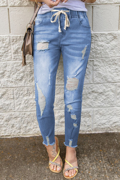 Drawstring Distressed Raw Hem Jeans with Pockets Light