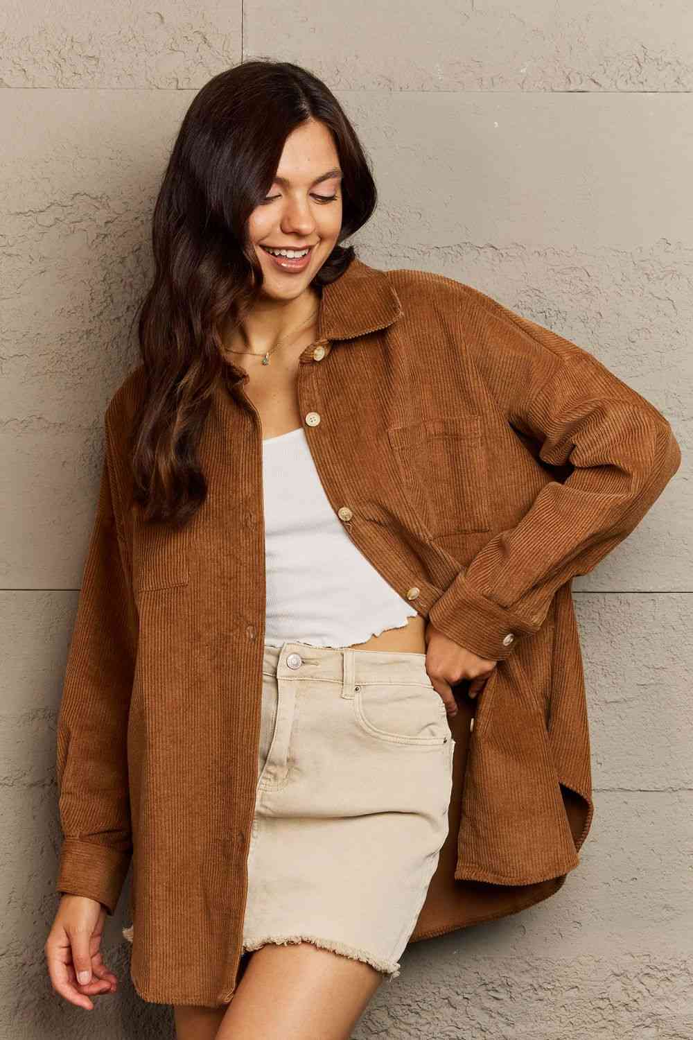 Ninexis Collared Neck Dropped Shoulder Button-Down Jacket Caramel