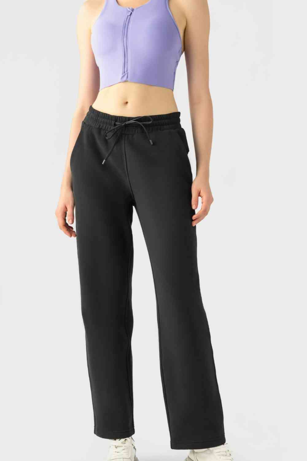 Drawstring Waist Sports Pants with Pockets Black