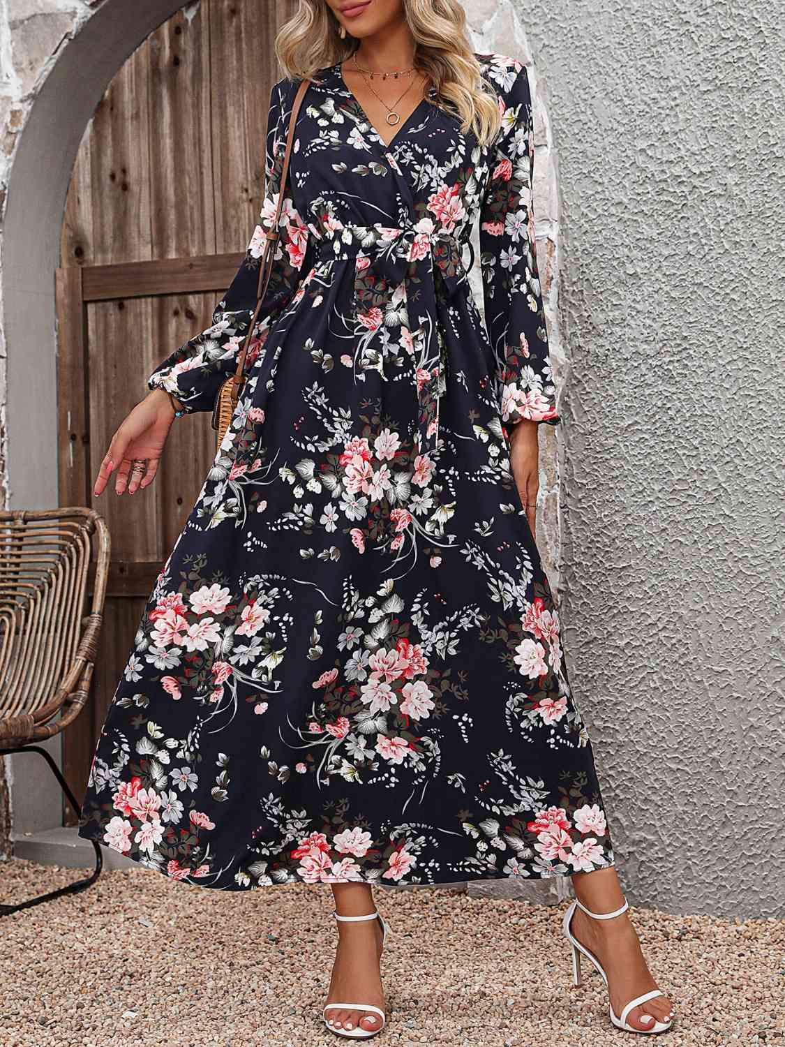 Floral Long Sleeve Surplice Neck Dress Navy