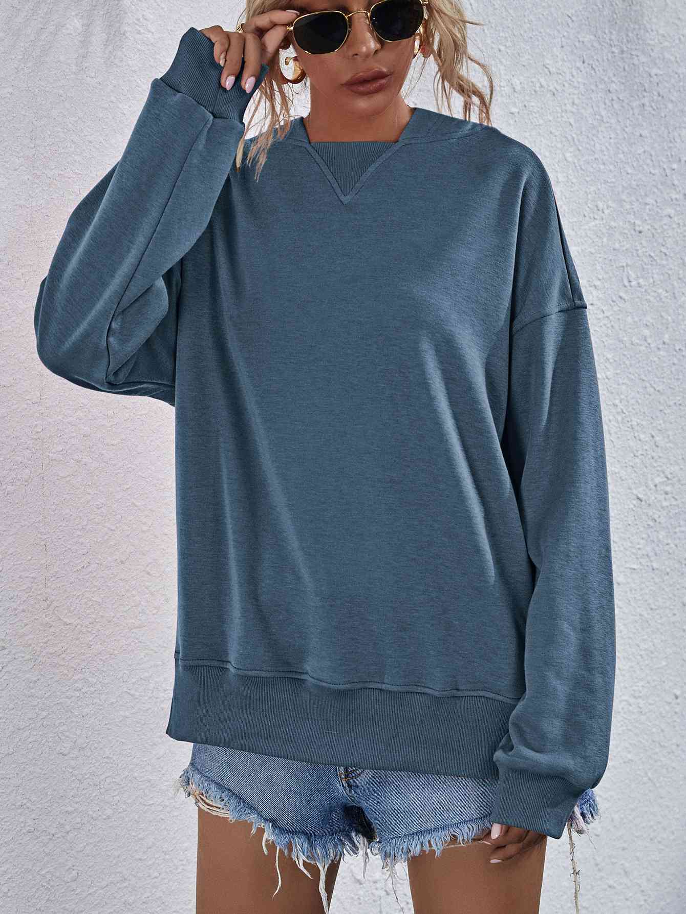 Dropped Shoulder Slit Hoodie Dusty Blue