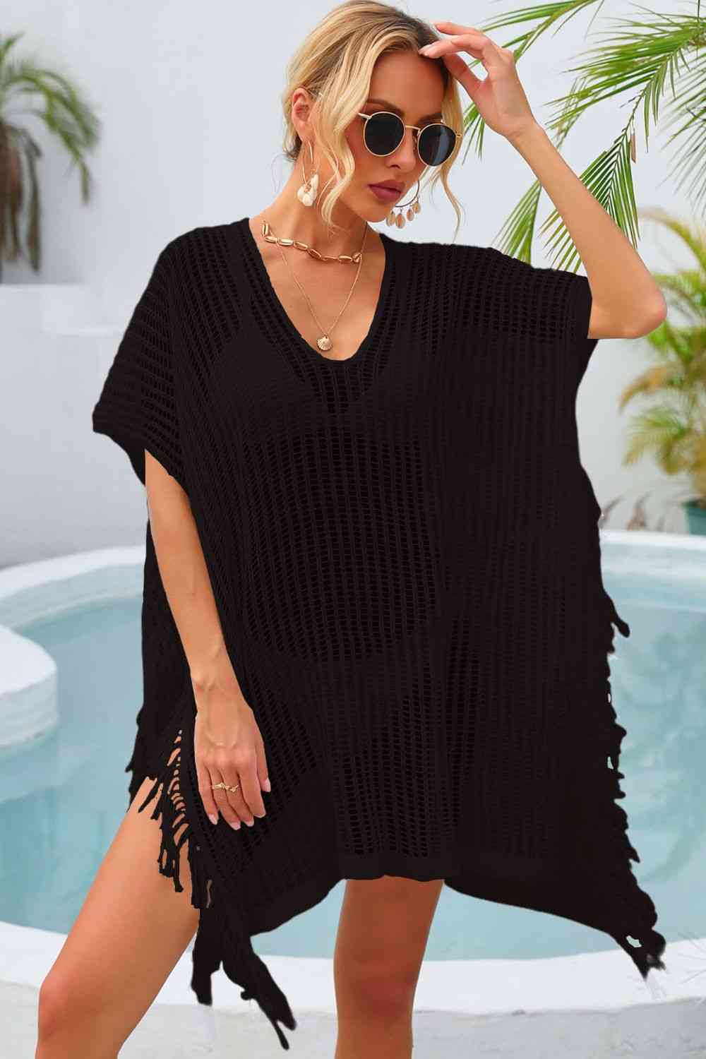 Fringe Trim Openwork Cover Up Black One Size