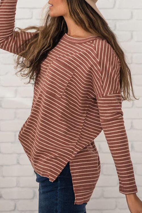 Striped Round Neck Long Sleeve Slit T-Shirt Stripe