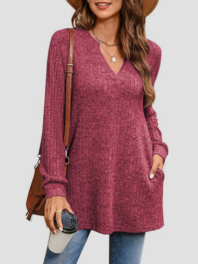 Slit Notched Pocketed Long Sleeve T-Shirt Deep Rose