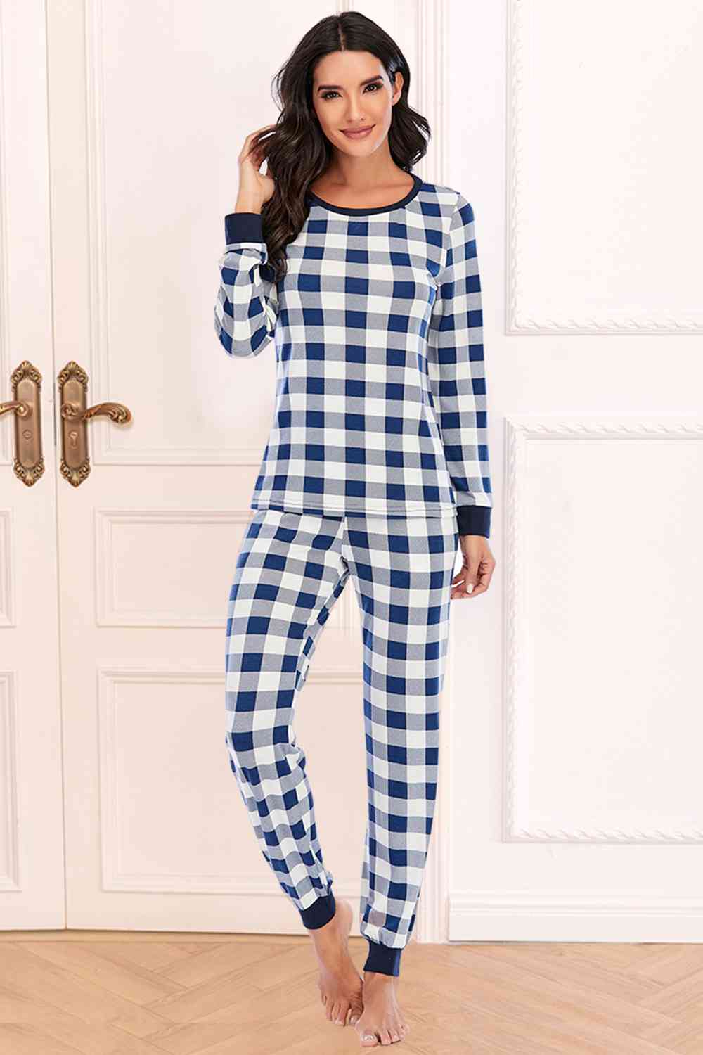 Plaid Round Neck Top and Pants Set Navy