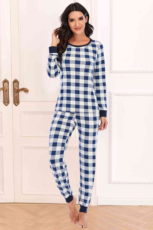 Plaid Round Neck Top and Pants Set Navy