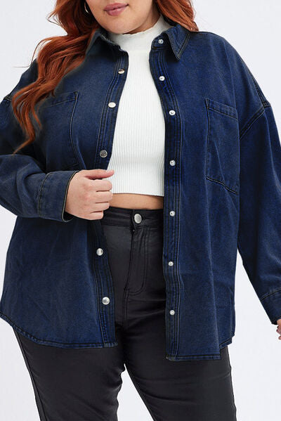 Plus Size Snap Down Pocketed Denim Jacket Dark