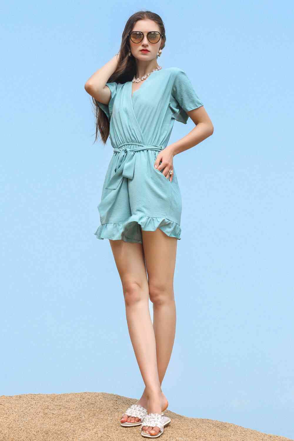 Ruffle Trim Belted Surplice Flutter Sleeve Romper Light Green