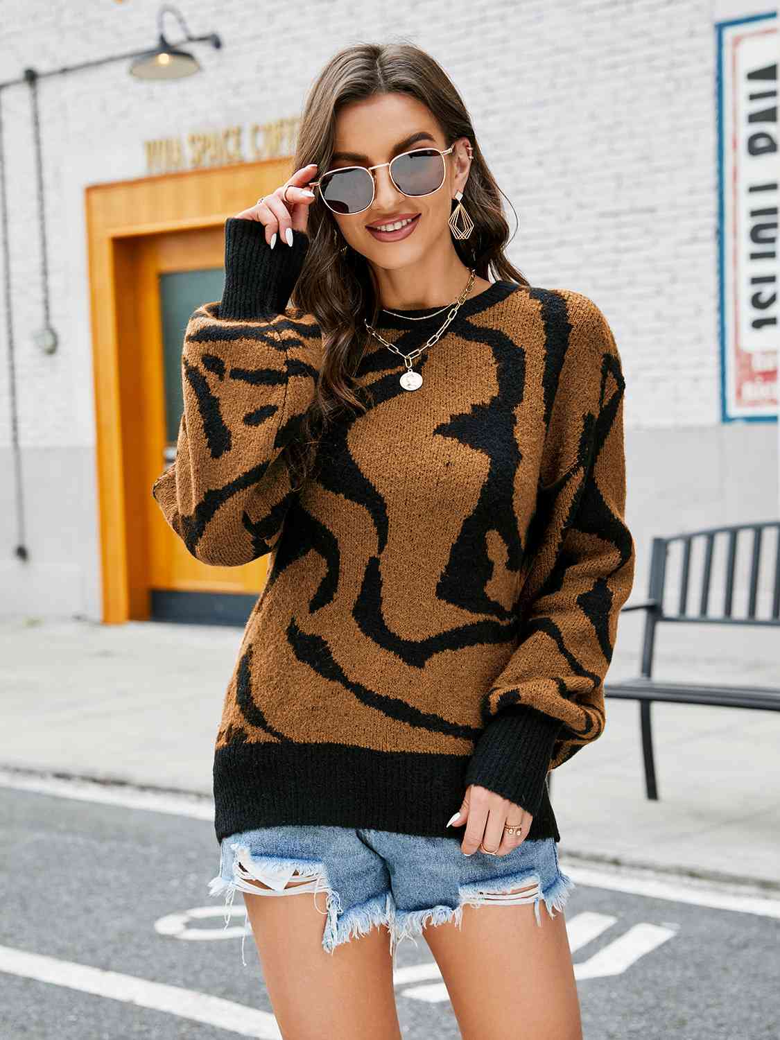 Printed Round Neck Long Sleeve Sweater Caramel