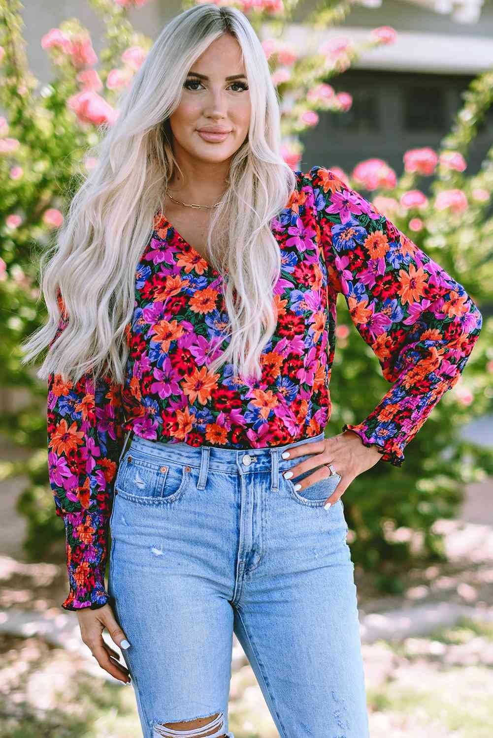 Flower Surplice Long Sleeve Top Floral