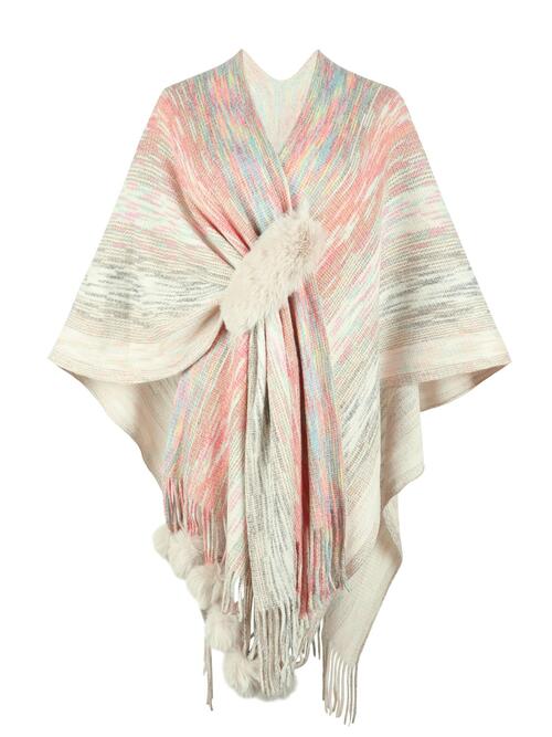 Heathered Fringe Hem Poncho Ivory One Size