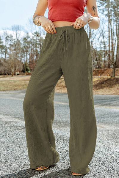 Texture Tied Wide Leg Pants Moss