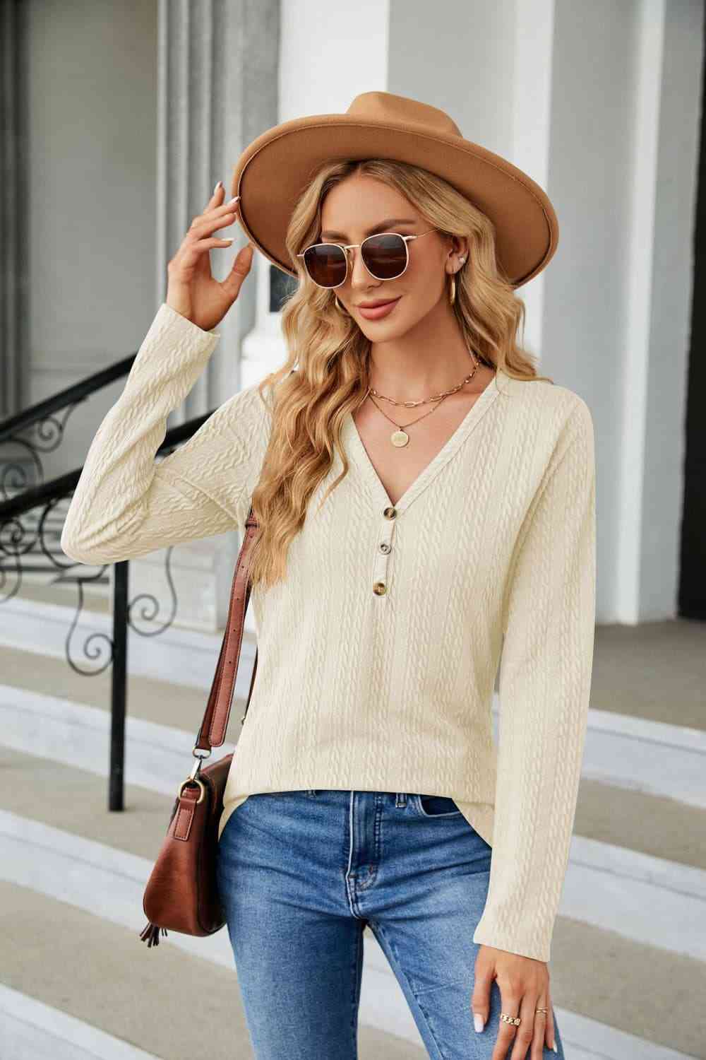 Cable-Knit Long Sleeve V-Neck T-Shirt Ivory