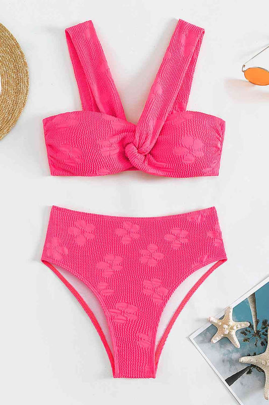 Textured Twisted Detail Bikini Set Hot Pink