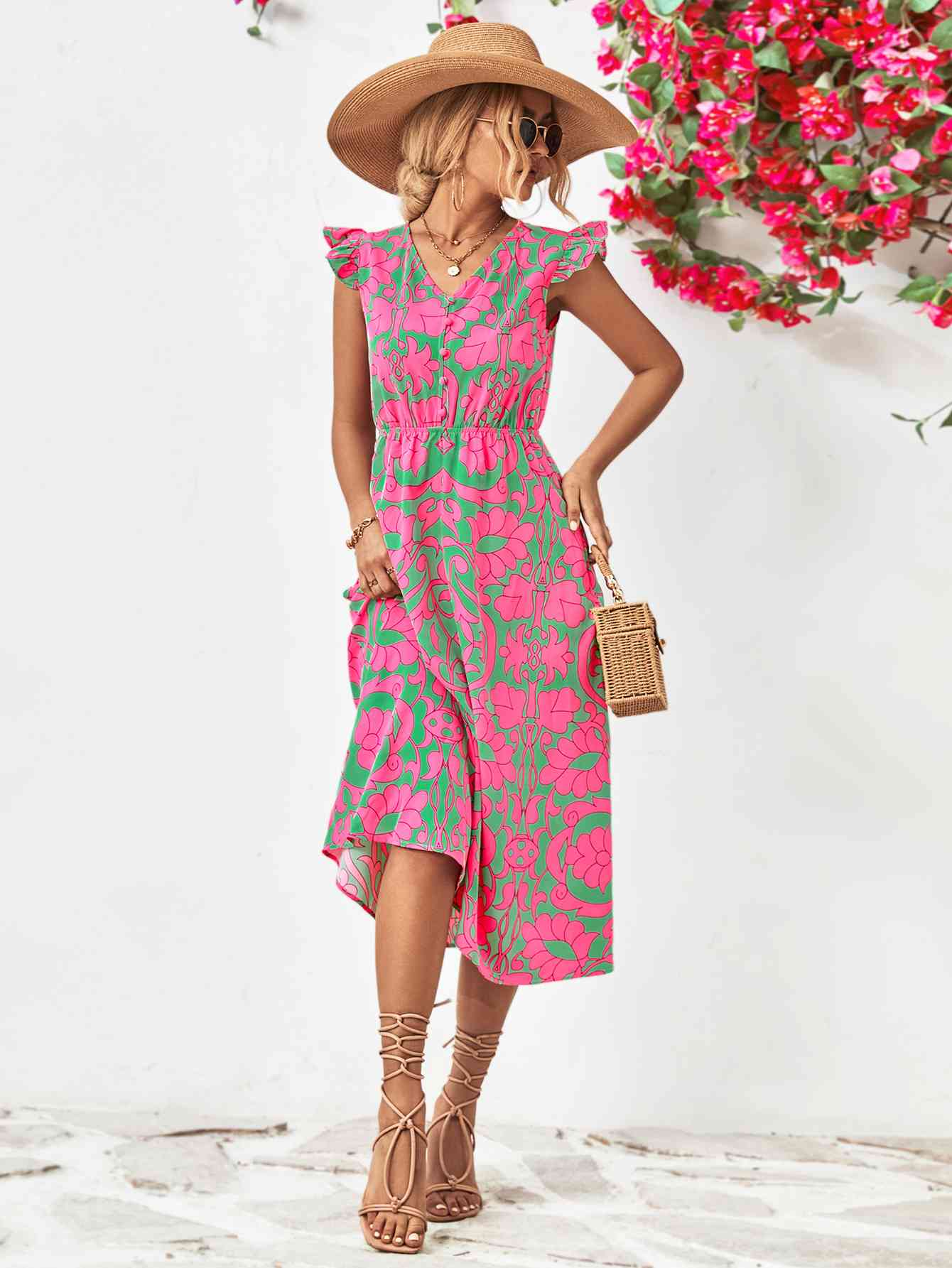 Floral V-Neck Cap Sleeve Dress