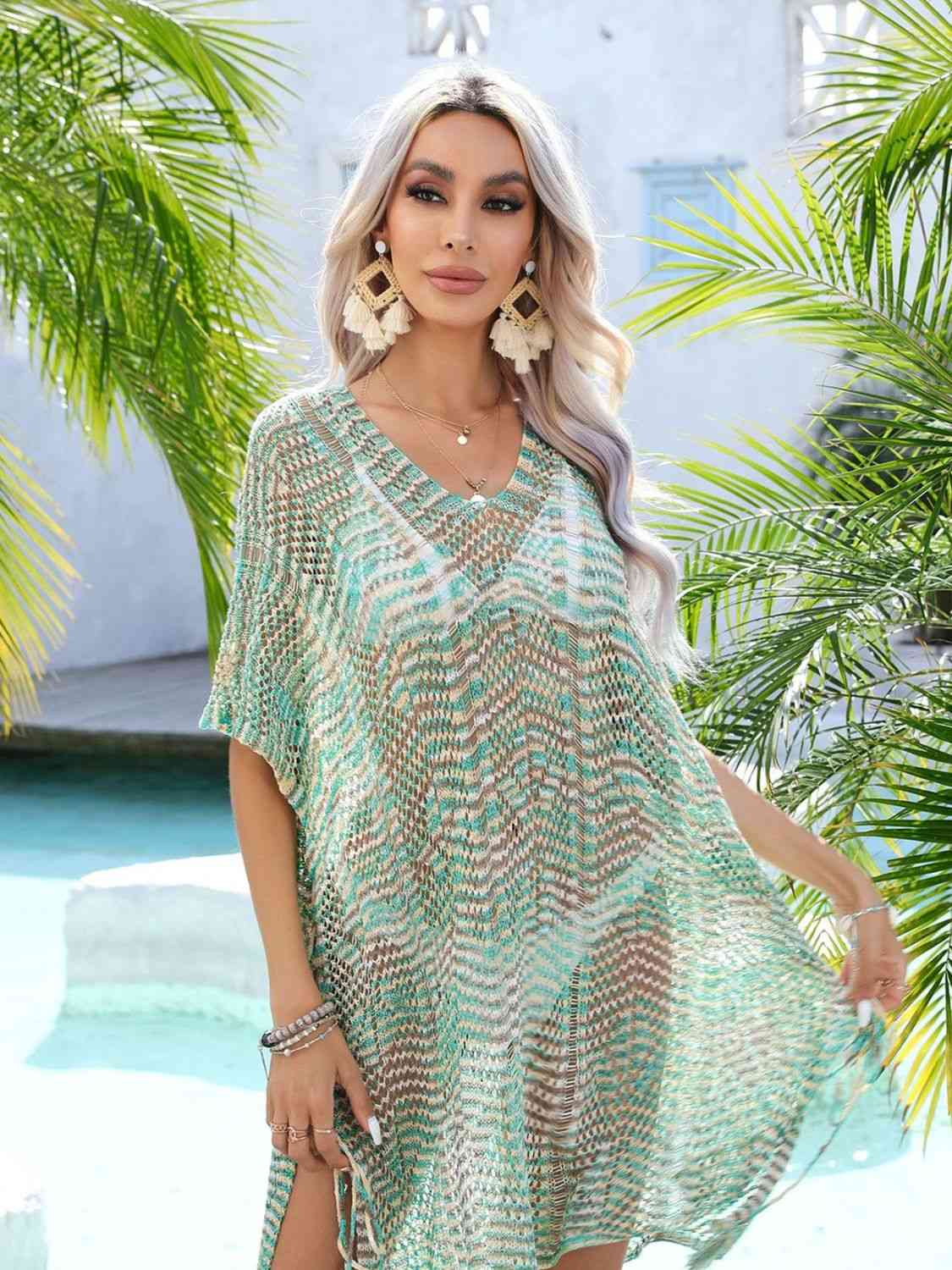 Multicolored Openwork Tassel Slit Cover-Up Green One Size