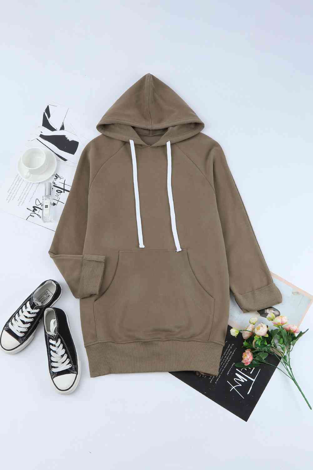 Side Slit Raglan Sleeve Hoodie Brown