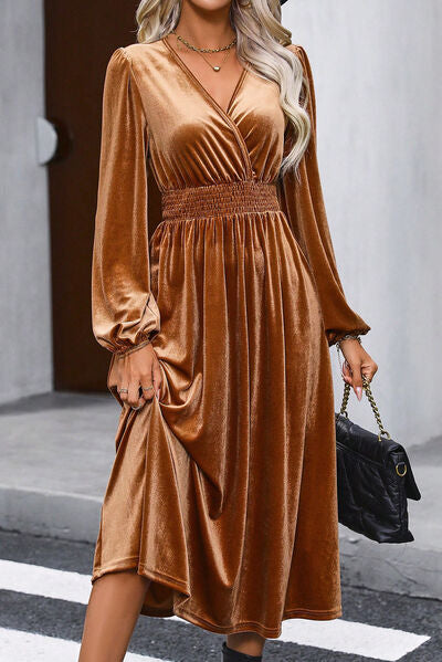 Surplice Balloon Sleeve Smocked Midi Dress Caramel