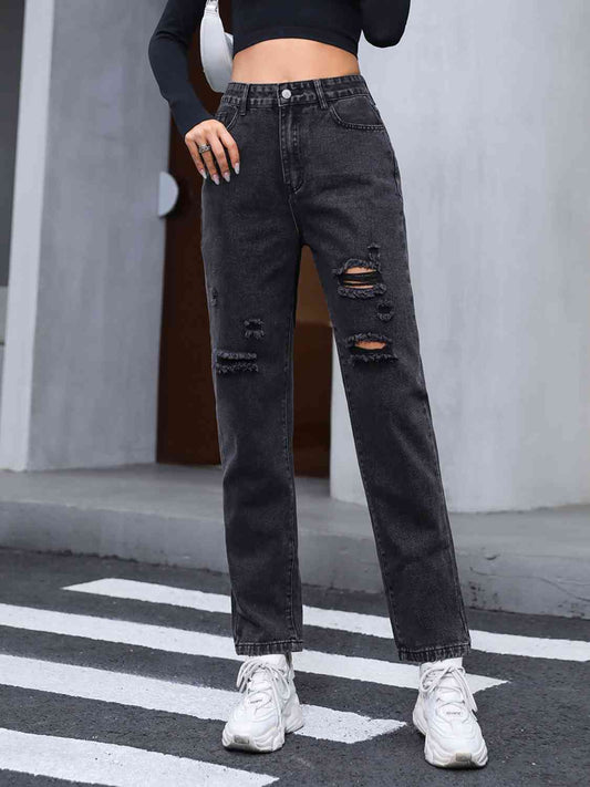 Distressed Straight Leg Jeans Black