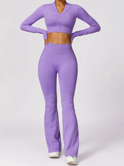 Zip Up Baseball Collar Outerwear and High Waist Pants Active Set Lavender