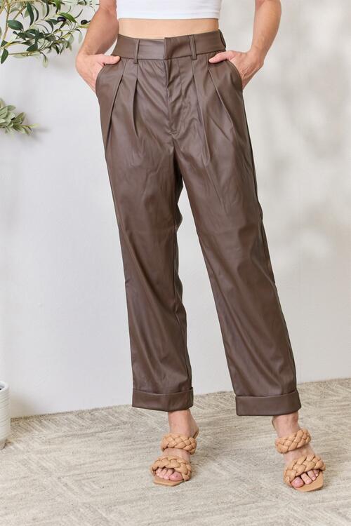 Zenana Leather Straight Pants Americano