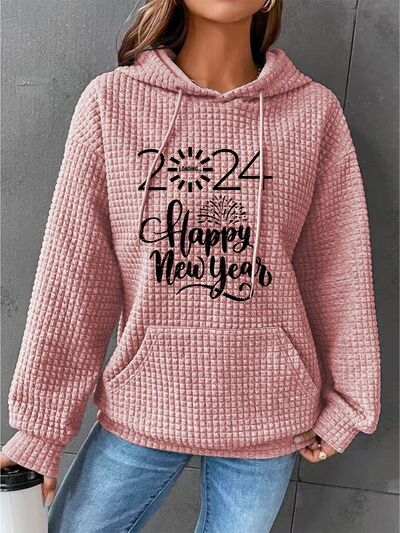 Full Size 2024 HAPPY NEW YEAR Waffle-Knit Hoodie Blush Pink