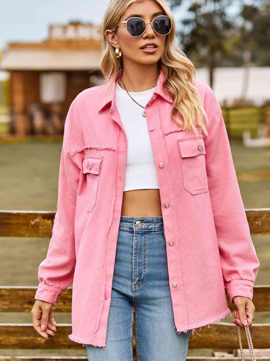 Button Up Collared Neck Raw Hem Denim Top Carnation Pink