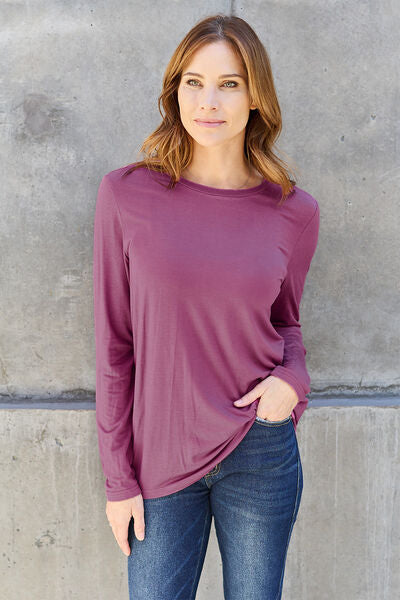 Basic Bae Full Size Round Neck Long Sleeve Top Dusty Purple