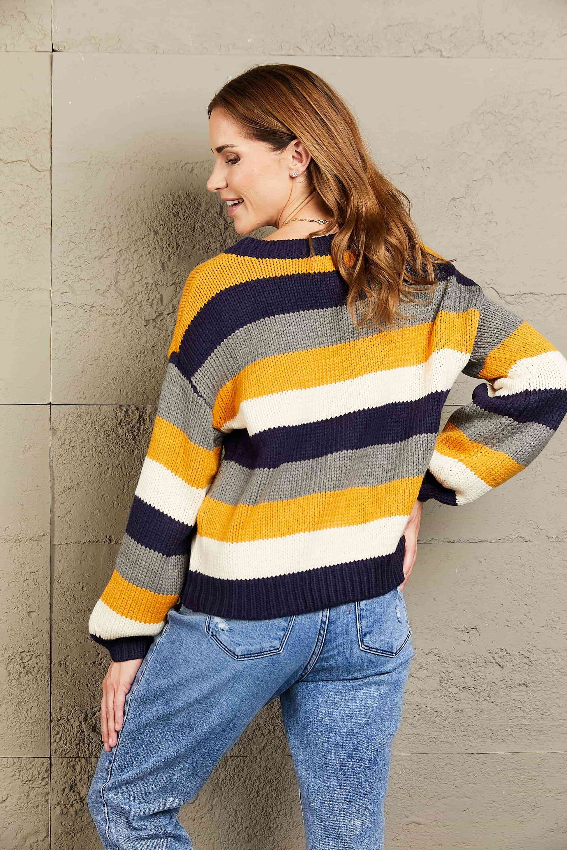 Woven Right Striped Dropped Shoulder Knitted Pullover Sweater