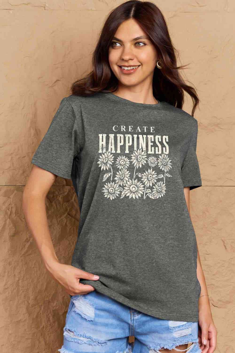 Simply Love Full Size CREATE HAPPINESS Graphic Cotton T-Shirt Charcoal