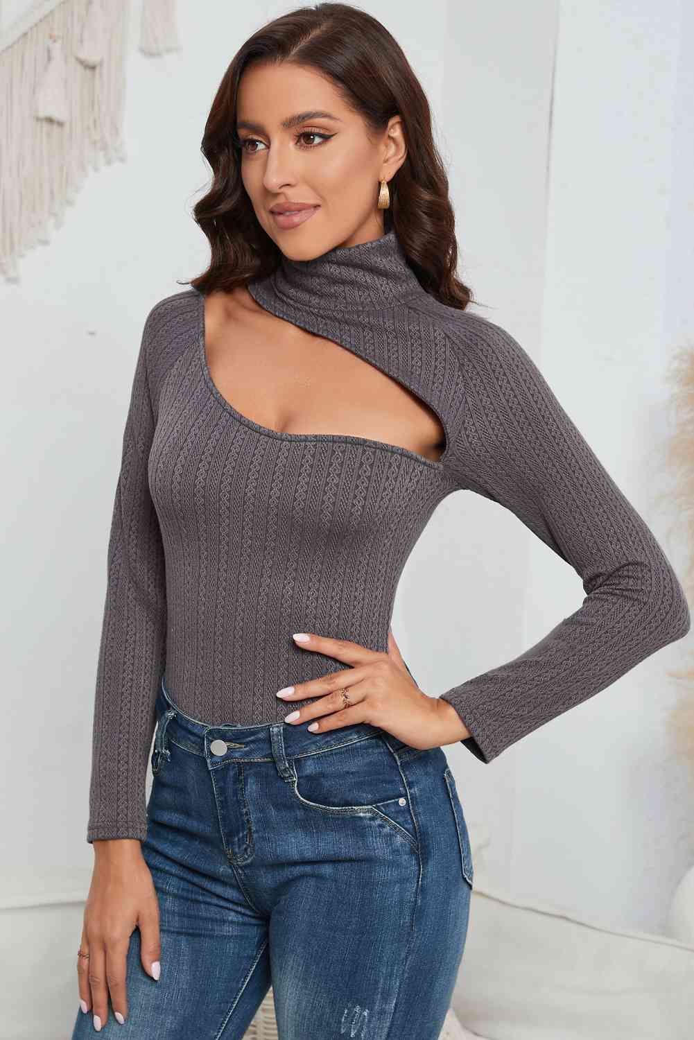 Cutout Mock Neck Long Sleeve Bodysuit