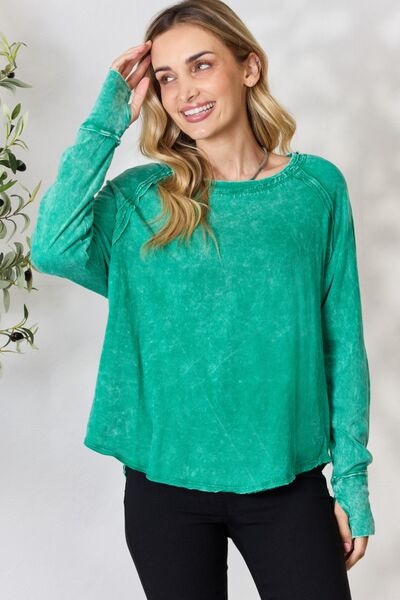 Zenana Round Neck Long Sleeve Top Kelly Green