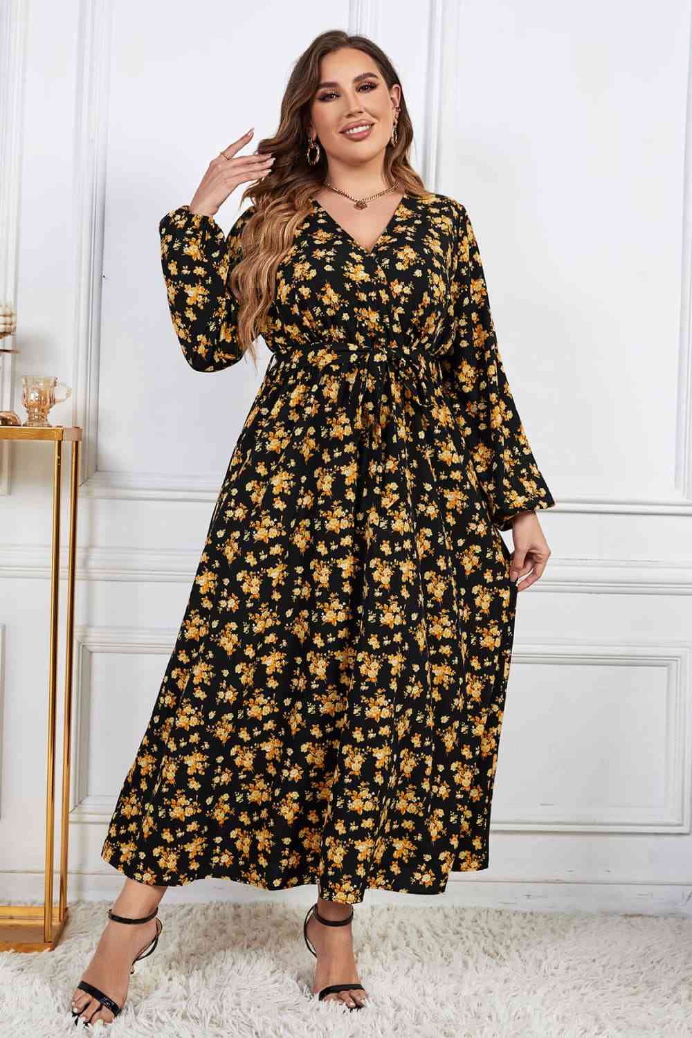 Melo Apparel Plus Size Floral Surplice Neck Long Sleeve Dress Mustard