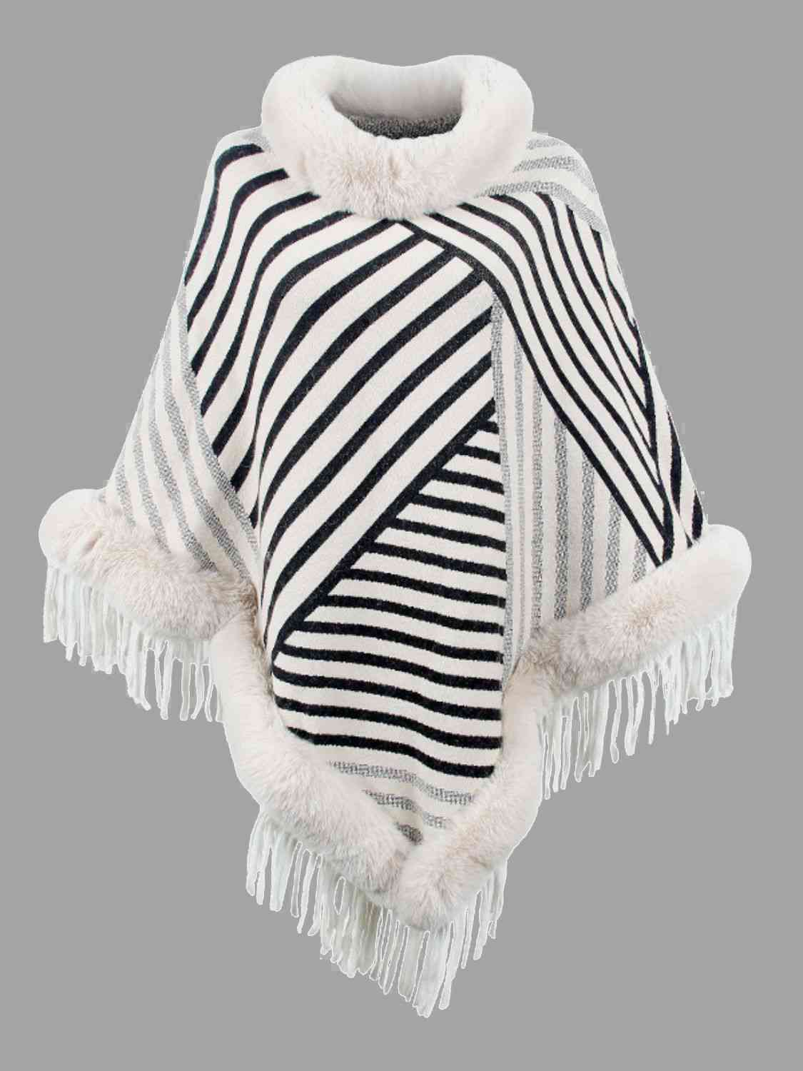 Striped Fringe Hem Poncho White One Size
